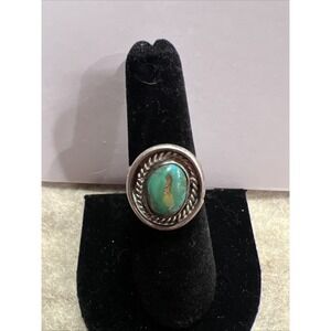 Vintage Navajo Sterling Silver Green Turquoise Round Ring Size 7.25 Handmade